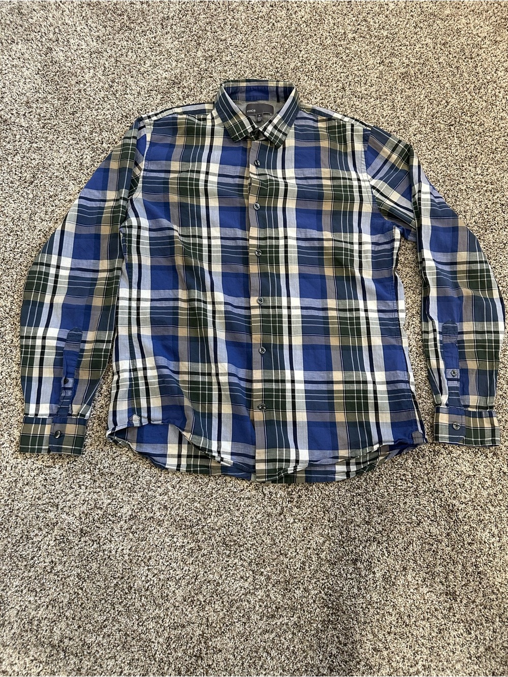 Vince Men’s Blue Green Plaid Cotton Linen Button Down Shirt Medium